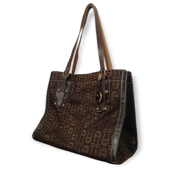 Vintage Etienne Aigner Leather Canvas Shoulder Tote Purse Handbag - Picture 3 of 8